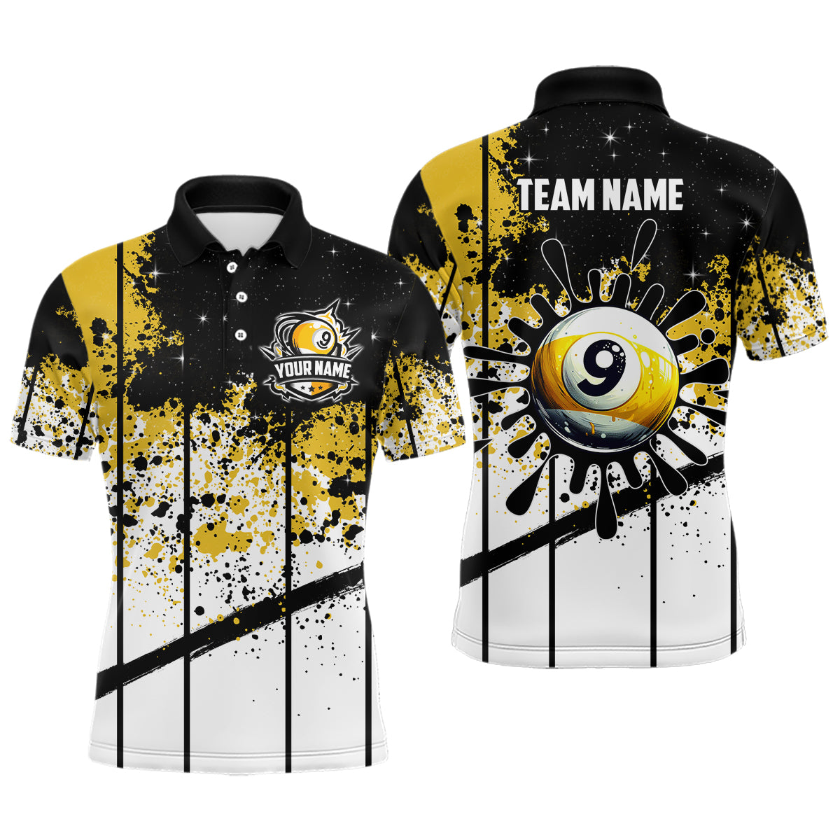 Personalized Billiard 9 Ball Grunge Style Men Polo Shirts, 9 Ball Pool Billiard Attire Jerseys TDM1136