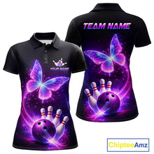 Load image into Gallery viewer, Black polo shirt with butterfly and bowling design, customizable your name &amp; team name