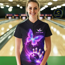 Load image into Gallery viewer, Person wearing a black bowling shirt with a butterfly and bowling ball design, standing in a bowling alley.