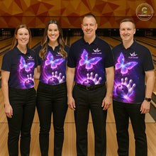 Load image into Gallery viewer, Four people wearing matching shirts with a butterfly design on a bowling alley.