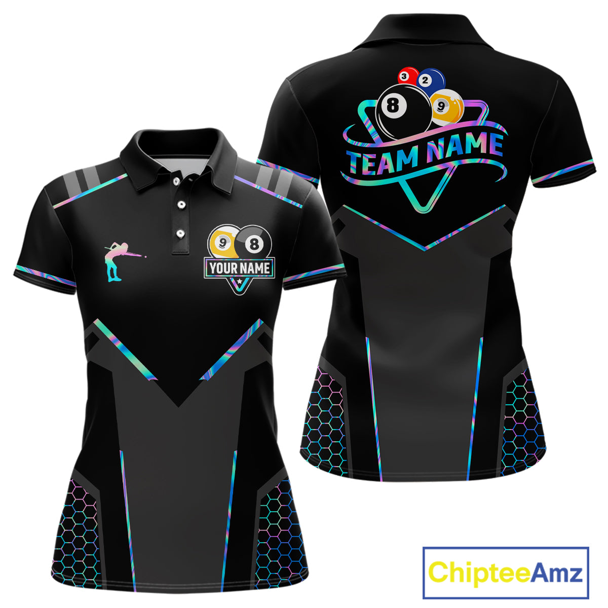 Personalized Holographic Billiard 8 Ball & 9 Ball Pool Polo, 1/4 Zip For Women, Billiard Team Jersey TDM4253