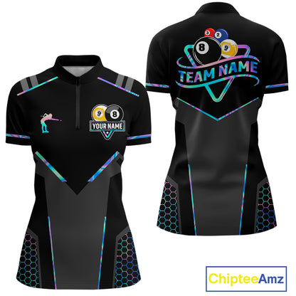 Personalized Holographic Billiard 8 Ball & 9 Ball Pool Polo, 1/4 Zip For Women, Billiard Team Jersey TDM4253