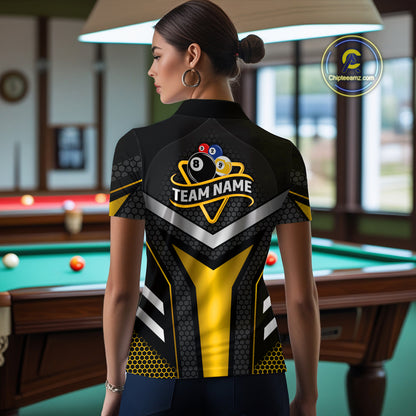 Personalized Billiard 8 Ball & 9 Ball Pool Polo, 1/4 Zip For Women Custom Team Billiard Jersey|Yellow TDM4255