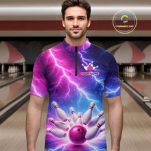 Load image into Gallery viewer, Custom Thunder Lightning Blue And Pink Bowling Shirt For Men, Bowling Team Jersey Polo &amp; 1/4 Zip TDM6190