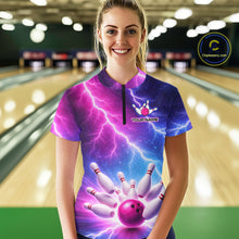 Load image into Gallery viewer, Custom Thunder Lightning Blue And Pink Bowling Shirt For Women, Bowling Team Jersey Polo &amp; 1/4 Zip TDM6190