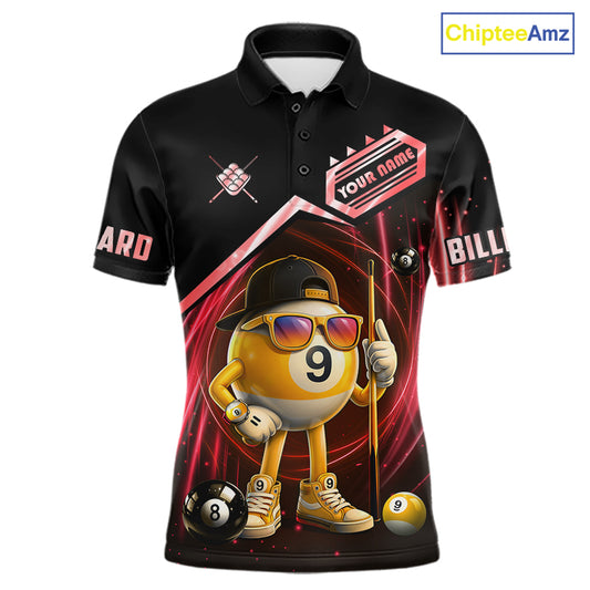 Black and red billiard polo shirt with funny 9 ball design, customizable your name & team name pool jersey for men