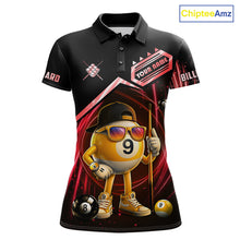 Load image into Gallery viewer, Black and red billiard polo shirt with funny 9 ball design, customizable your name &amp; team name pool jersey for women