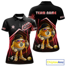 Load image into Gallery viewer, Black and red billiard polo shirt with funny 9 ball design, customizable your name &amp; team name pool jersey for women