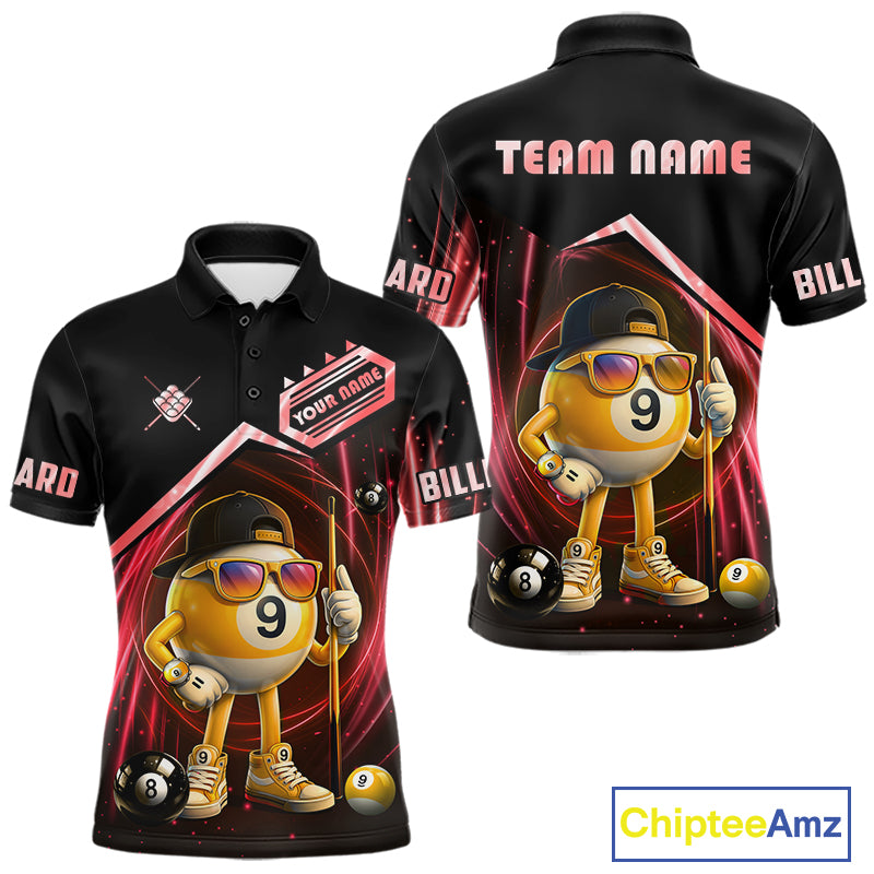 Black and red billiard polo shirt with funny 9 ball design, customizable your name & team name pool jersey for men