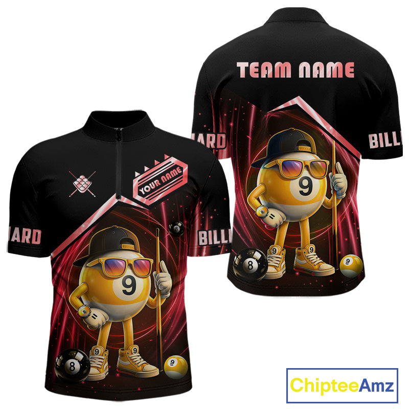 Black and red billiard quarter zip shirt with funny 9 ball design, customizable your name & team name pool jersey for men