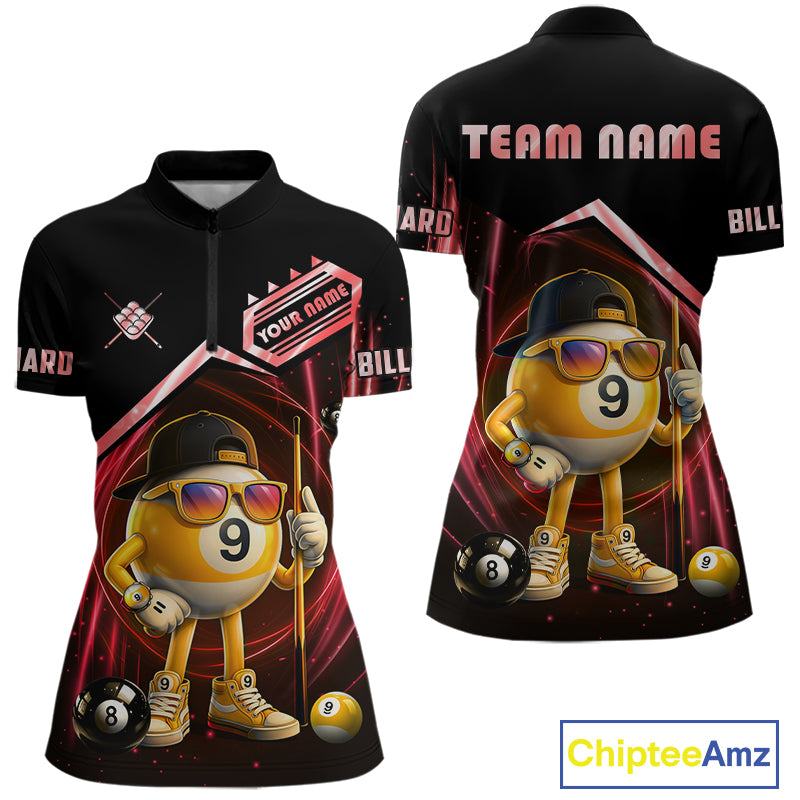 Black and red billiard quarter zip shirt with funny 9 ball design, customizable your name & team name pool jersey for women