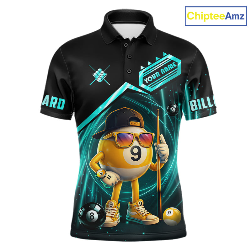 Black and turquoise billiard polo shirt with funny 9 ball design, customizable your name & team name pool jersey for men