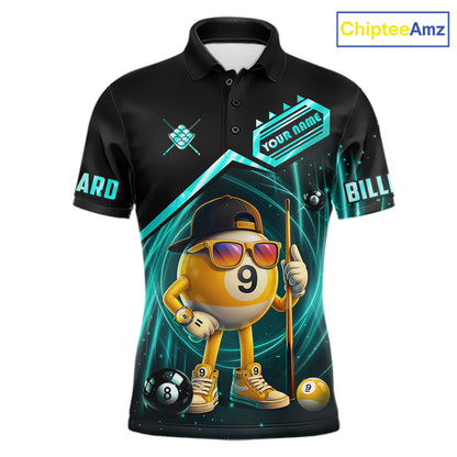 Black and turquoise billiard polo shirt with funny 9 ball design, customizable your name & team name pool jersey for men