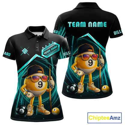 Black and turquoise billiard polo shirt with funny 9 ball design, customizable your name & team name pool jersey for women