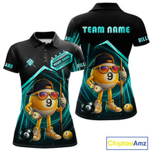 Load image into Gallery viewer, Black and turquoise billiard polo shirt with funny 9 ball design, customizable your name &amp; team name pool jersey for women