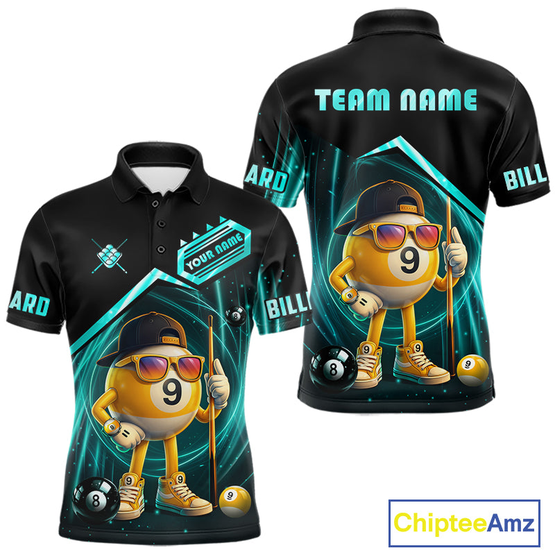 Black and turquoise billiard polo shirt with funny 9 ball design, customizable your name & team name pool jersey for men