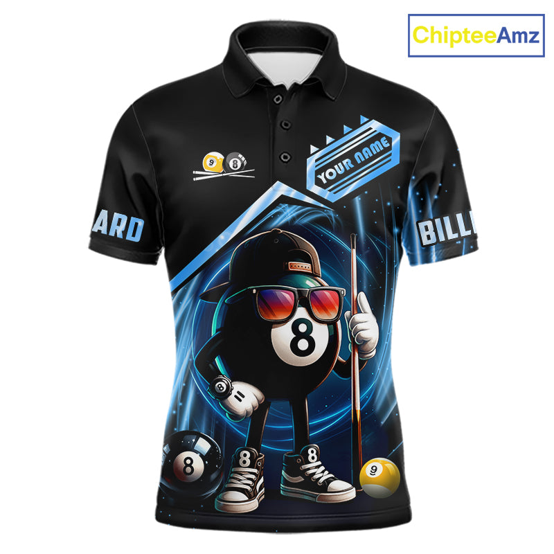 Black and blue billiard polo shirt with funny 8 ball and 9 ball design, customizable your name & team name pool jersey for men