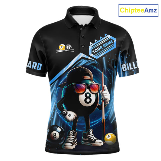 Black and blue billiard polo shirt with funny 8 ball and 9 ball design, customizable your name & team name pool jersey for men