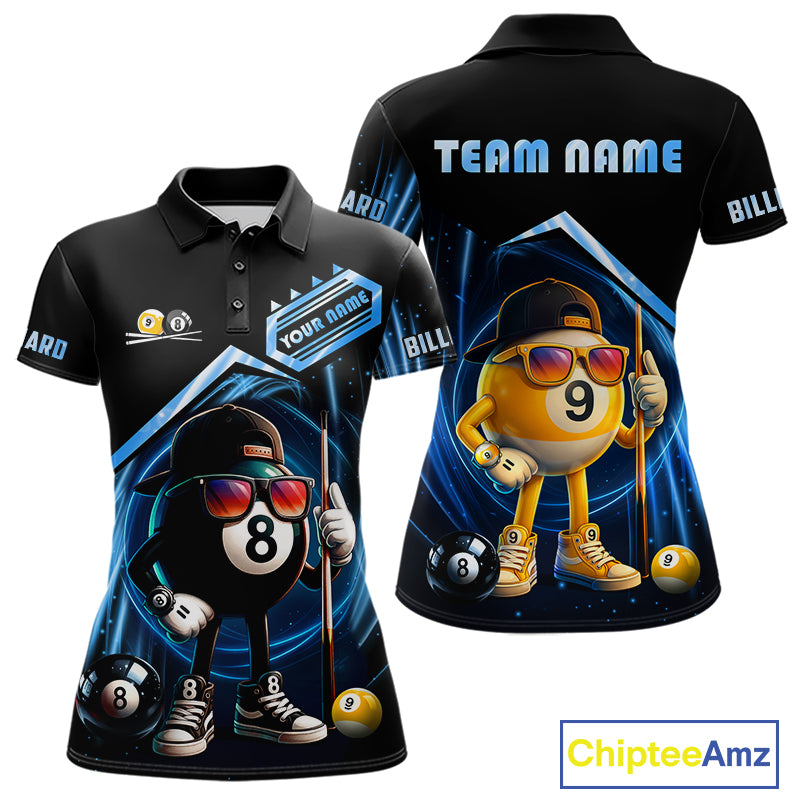 Black and blue billiard polo shirt with funny 8 ball and 9 ball design, customizable your name & team name pool jersey for women