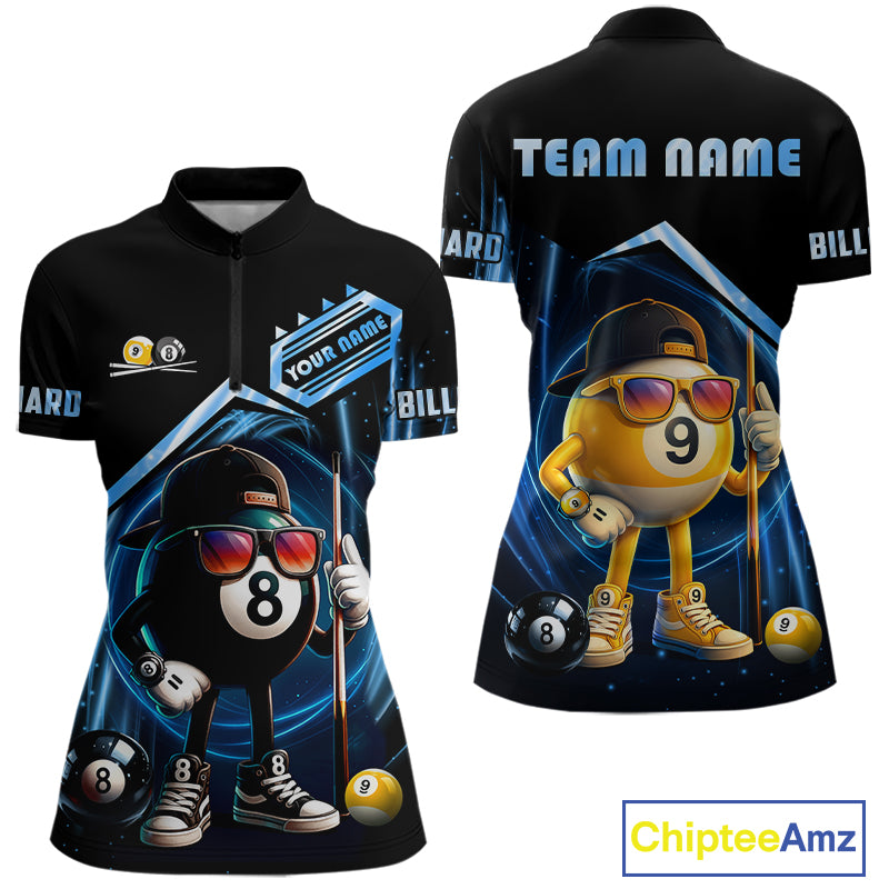 Black and blue billiard quarter zip shirt with funny 8 ball and 9 ball design, customizable your name & team name pool jersey for women