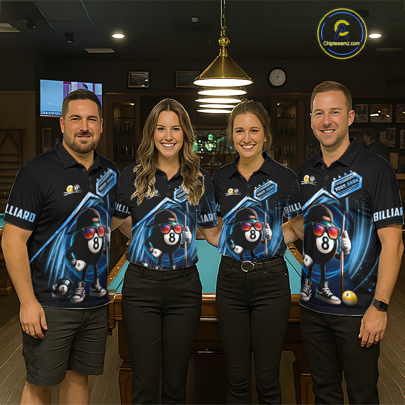 Blue Funny 8 Ball & 9 Ball Pool Billiard Shirt For Men Custom Billiard Team Jersey Polo & 1/4 Zip TDM6616
