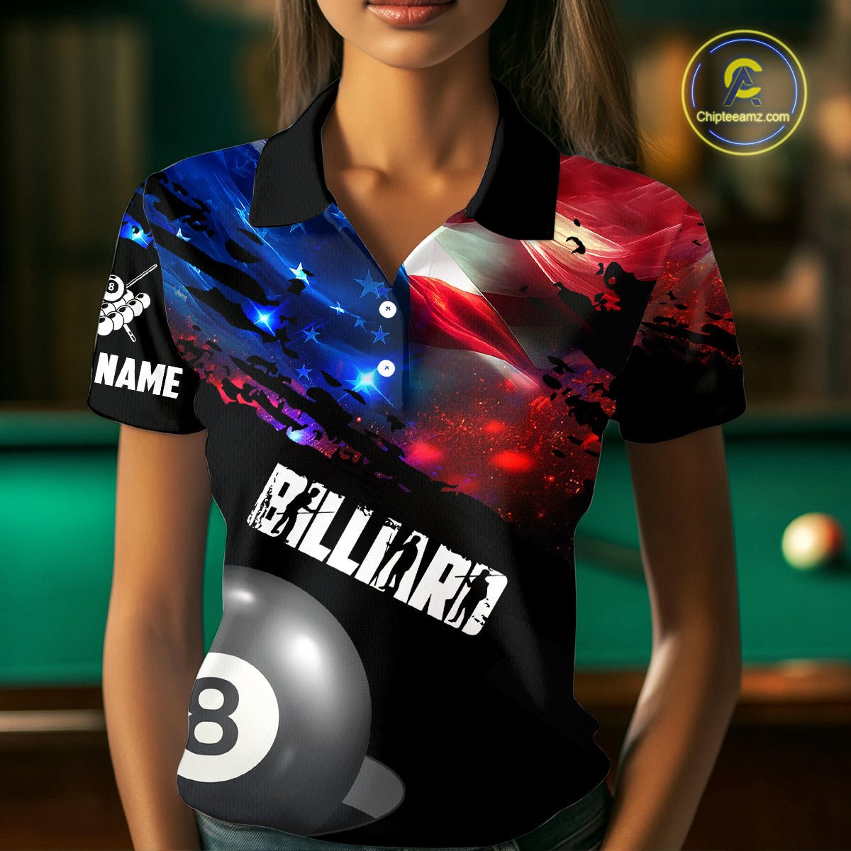 Personalized Glowing American Flag Billiard Shirt For Women Custom Patriotic 8 Ball Pool Team Jersey TDM4264