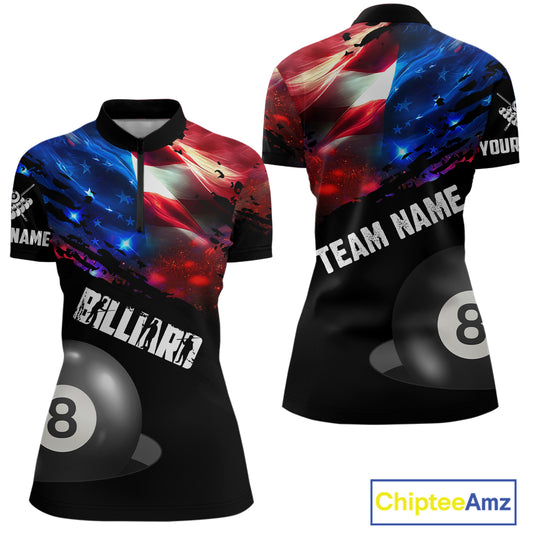 Personalized Glowing American Flag Billiard Shirt For Women Custom Patriotic 8 Ball Pool Team Jersey TDM4264