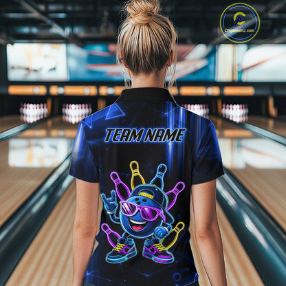 Back view of woman wearing a blue funny neon bowling ball bowling polo shirt, custom bowling team jersey design.