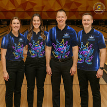 Load image into Gallery viewer, Bowling team wearing matching blue funny neon bowling ball custom bowling jerseys front view.
