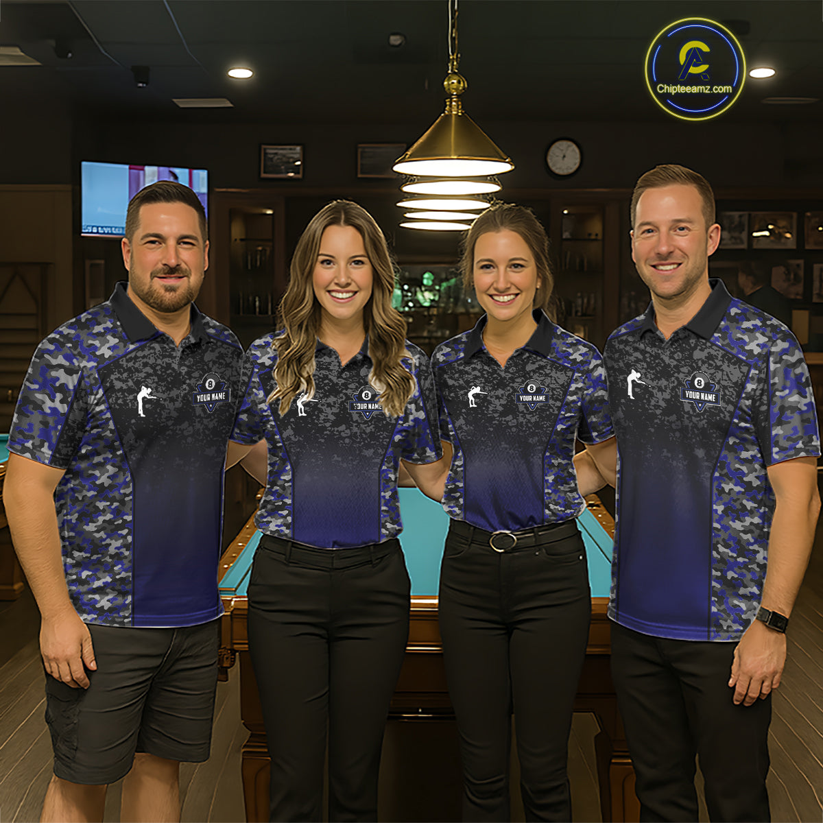 Navy Blue Camo 8 Ball Billiard Shirt For Women Custom Pool Team Shirt, Billiard Jersey Polo & 1/4 Zip TDM5580