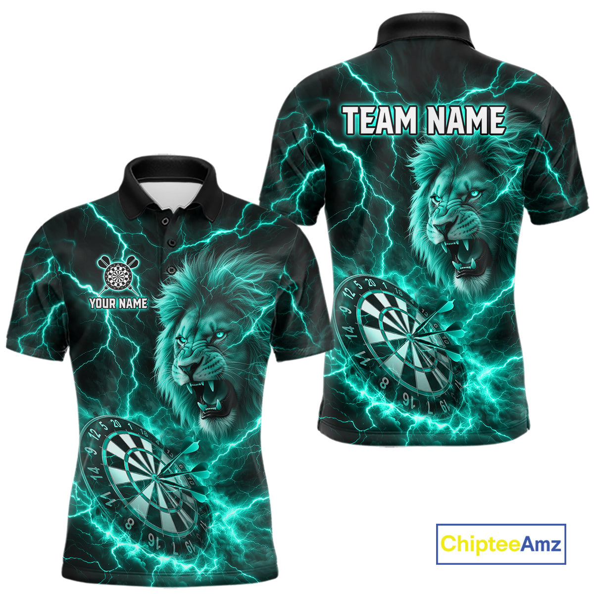 Custom Turquoise Dartboard Thunder Lightning Lion Darts Shirt For Men, Darts League Team Jersey TDM5816