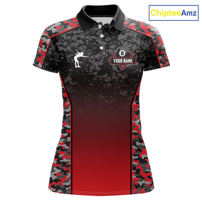 Red Camo 8 Ball Billiard Shirt For Women Custom Pool Team Shirt, Billiard Jersey Polo & 1/4 Zip TDM6200