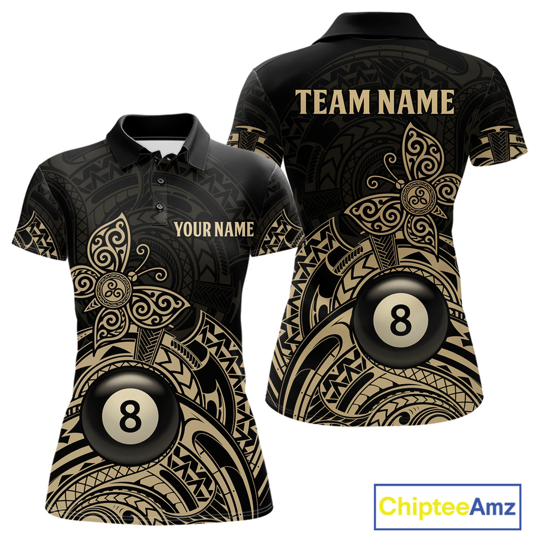Custom Black And Gold Tribal Butterfly Billiard Shirts For Women | 8 Ball Pool Team Jerseys TDM4688