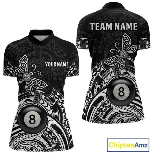 Custom White Black Tribal Dragonfly Billiard Shirts For Women | 8 Ball Pool Team Jerseys TDM4689