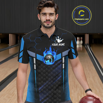 Black And Blue Bowling Jersey For Men Custom Flame Bowling Shirt Team Polo & Quarter Zip TDM5823
