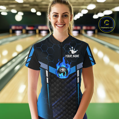 Black And Blue Bowling Jersey For Women Custom Flame Bowling Shirt Team Polo & Quarter Zip TDM5823