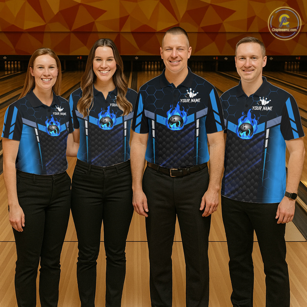Black And Blue Bowling Jersey For Women Custom Flame Bowling Shirt Team Polo & Quarter Zip TDM5823