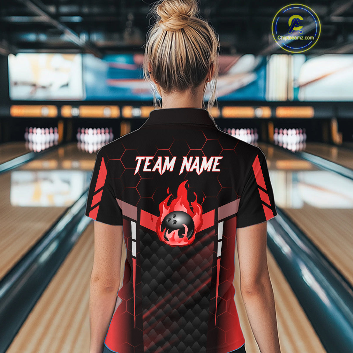 Black And Red Bowling Jersey For Women Custom Flame Bowling Shirt Team Polo & Quarter Zip TDM5824