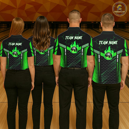 Black And Green Bowling Jersey For Women Custom Flame Bowling Shirt Team Polo & Quarter Zip TDM5825