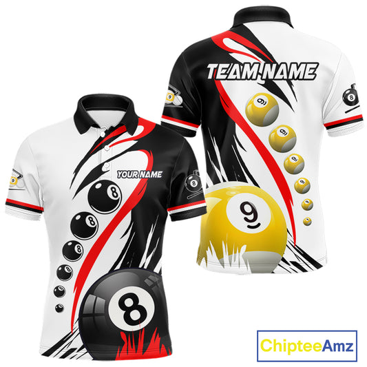 Personalized red 8 ball and 9 ball custom billiard polo shirt for men, billiard league team jersey.