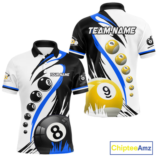 Personalized blue 8 ball and 9 ball custom billiard polo shirt for men, billiard team jersey.