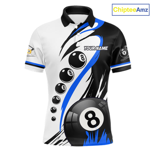 Personalized blue 8 ball and 9 ball custom billiard polo shirt for men, billiard team jersey.