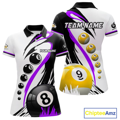 Personalized purple 8 ball and 9 ball custom billiard polo shirt for women, billiard team jersey.