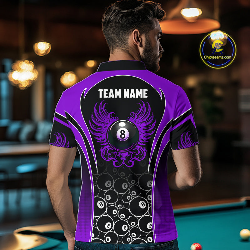 Man Wearing Personalized Black and Purple 8 Ball Wings Custom Pool Team Jersey Featuring the Complete Rear Graphic Design, Back View
