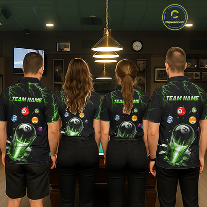 Pool Team Wearing Custom Green Lightning Strike 8 Ball Custom Billiard Team Jerseys Featuring the Complete Back Artwork, Back View