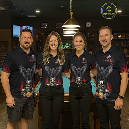 Pool Team Wearing Personalized Raven 8 Ball Pool Skull Billiard Jerseys During League Competition and Tournament Matches, Front View