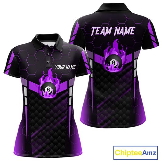 Personalized Purple 8 Ball Flame Billiard Shirt For Women Custom Billiard Team Jersey Polo & 1/4 Zip TDM5585