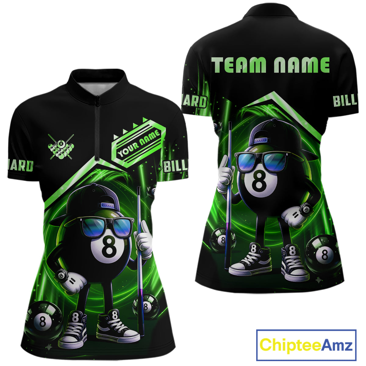 Green Funny 8 Ball Billiard Shirt For Women Custom Pool Team Shirt, Billiard Jersey Polo & 1/4 Zip TDM5833