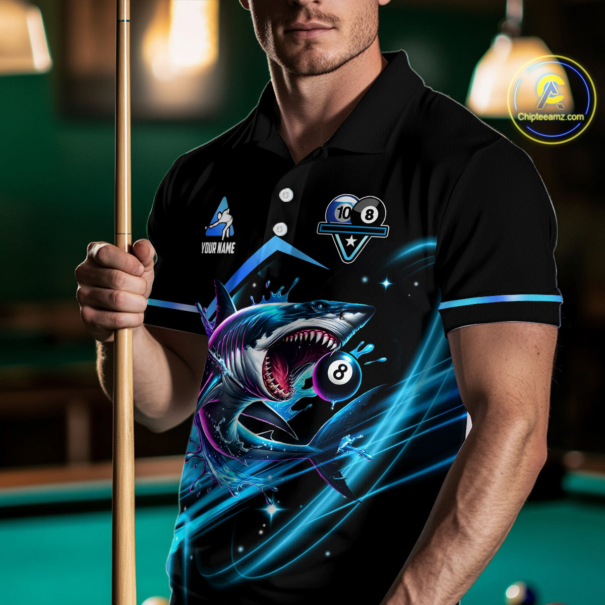 Blue 8 Ball & 10 Ball Pool Billiard Shark Polo & Quarter Zip For Men Custom Team Billiard Jerseys TDM4090