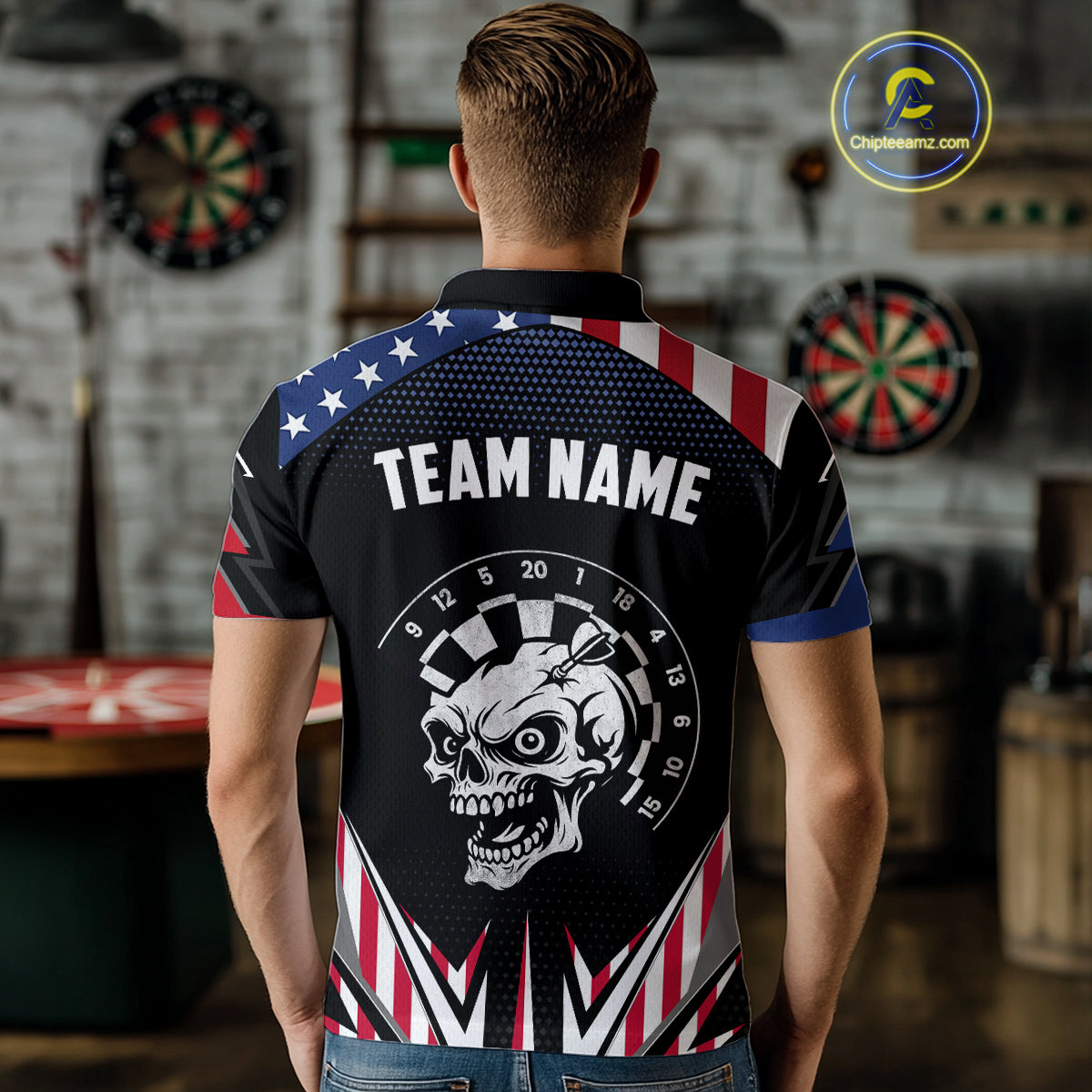 Personalized Patriotic Skull Darts Shirt For Men Custom American Flag Darts Jersey Polo & 1/4 Zip TDM4463